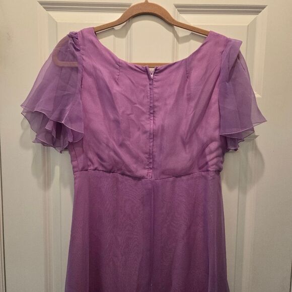 Vintage 70s Chiffon Gown FullLength Maxi Short Flutter Sleeved Scoop Neck Purple - Picture 4 of 9